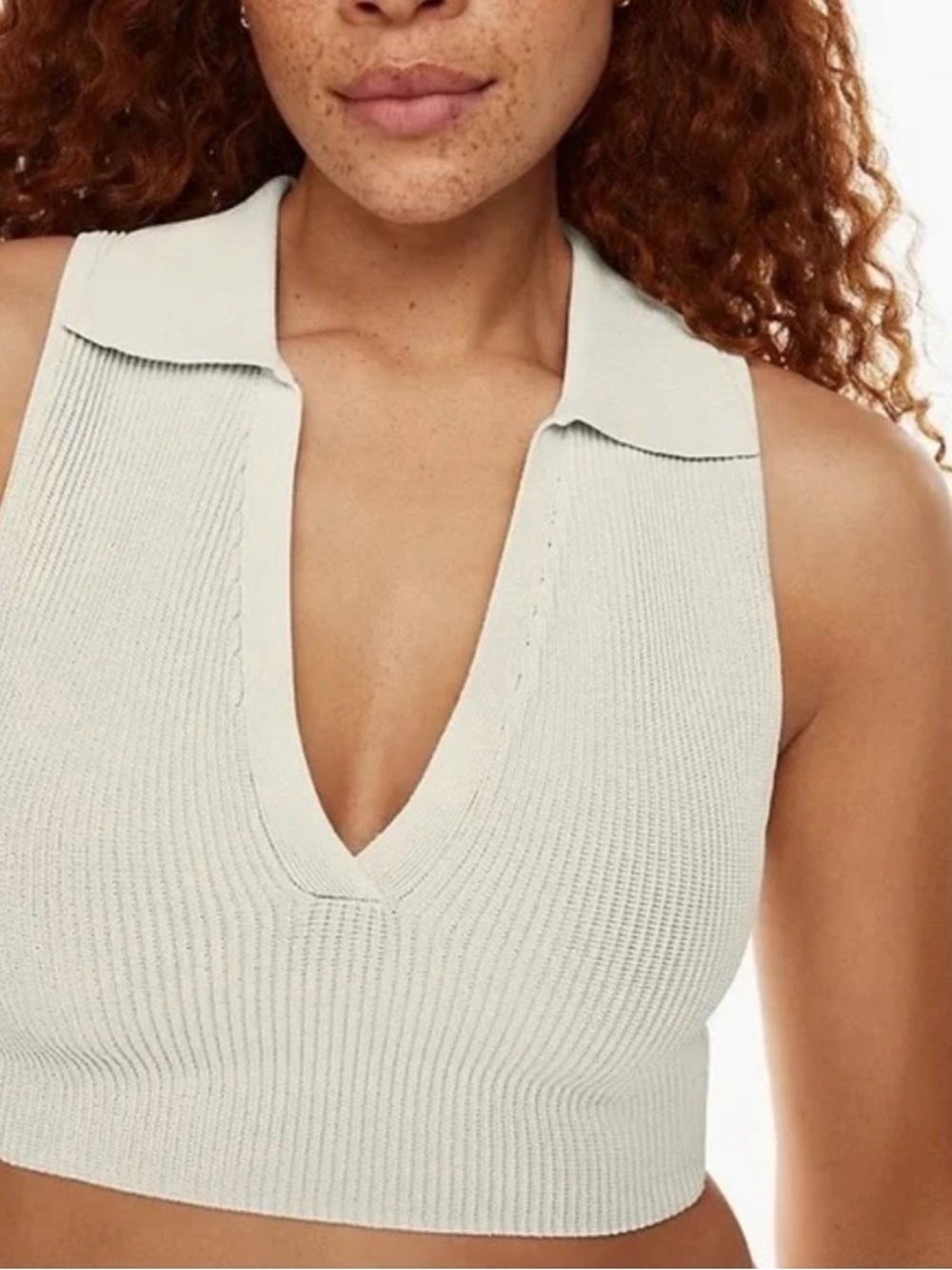 Babaton Knit Polo Crop Top in Off-White